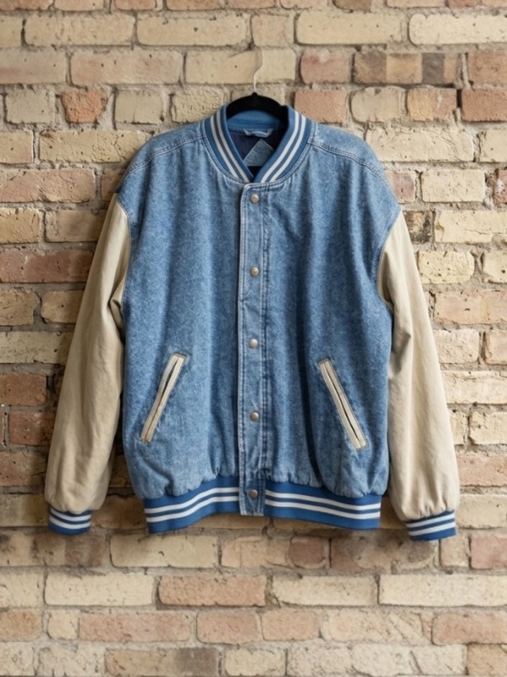 Vintage 90's Basic Editions Denim And Canvas Bomber Varsity Style Jacket Size XL